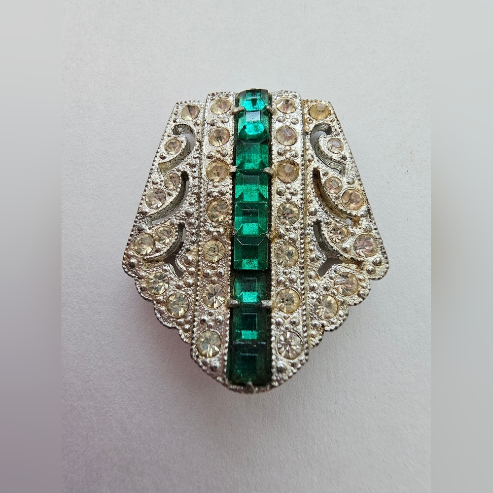 Antique Art Deco Emerald Green Rhinestone Belt Buckle 1930s Geometric Sash Slide